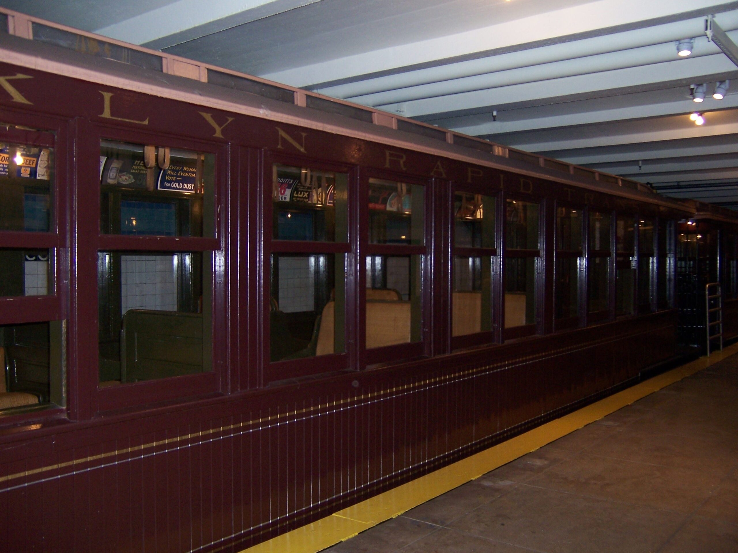 Wooden rail car in the New York Transit Museum in Brooklyn, NY