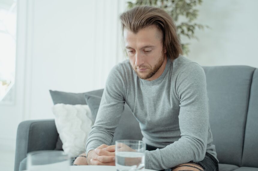 A man in a gray shirt sits with his head bowed and fingers locked.